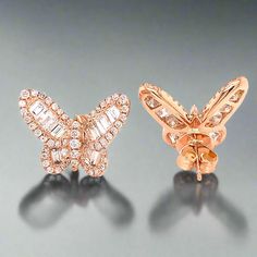 These Butterfly Diamond Earrings feature 2.99 carats of diamonds set in 18k rose gold. Timeless design and quality craftsmanship make them ideal additions to any luxe jewelry collection. Jewelry Style : StudMetal Type : 18K Rose GoldWeight : 6.50 gramsEarring Backing : Friction BackSide Stone 1 : Stone Type : DiamondSide Stone 1 : Shape : MixedSide Stone 1 : Stone Weight : 2.99 ctw Gold And Diamond Earrings, Luxe Jewelry, Jewelry Style, 18k Rose Gold, Gift Item, Bridesmaid Gifts, Types Of Metal, Timeless Design, Diamond Earrings