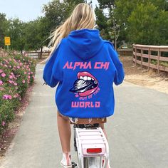 Alpha Chi is out of this World Sweatsuit Set - Matching Blue Hoodie & Sweatpants Set Sorority Accessories, Royal Blue Hoodie, Sorority Sweatshirts, Tri Sigma, Tri Delta, Big Little Reveal, Heart Icon, Aesthetic Hoodie, Sweatsuit Set