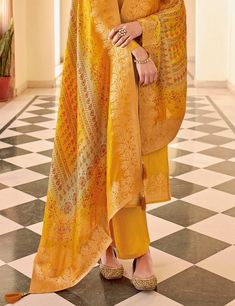 Mustard Designer Embroidered Jacquard Party Wear Pant Suit-Saira's Boutique Mustard Fabric, Pant Suit, Suit Fabric, Fabric Color, Party Wear, Hand Embroidery, Mustard, Color Variations, Kimono Top