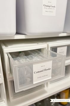 plastic containers are stacked on top of each other and labeled with the words command locks