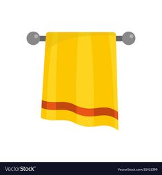 a yellow towel hanging on a metal bar with clippings in front of it