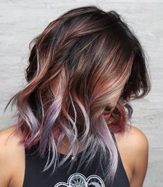 Women’s Hair Dye Ideas, Summer/fall Hair Color, Colorful Baylage, Brunette Hair With Blonde And Red Highlights, Pb J Hair Color, Summer Color Hair Ideas, Fun Hair Colors For Brunettes, Fun Summer Hair Color For Brunettes, Hair Color Ideas Shoulder Length