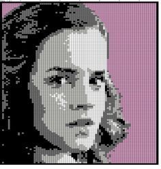 a cross stitch pattern of a woman talking on the phone