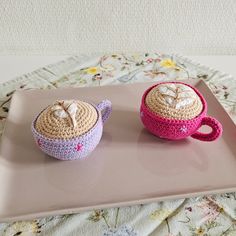 Perfect for a play kitchen or a tea party! Available in two different designs: - Purple cup with leaf art - Pink cup with heart art Diameter : 7,2 cm. Made and stored in a non-smoking environment and ready to ship. Coffee Crochet Applique, Amigurumi Coffee Cup, Crochet Coffee Plushie, Crochet Cat Coffee Sleeve, Crochet Cat Cup Coaster, Purple Cups, Pink Cups, Fun Crochet Projects, Play Kitchen