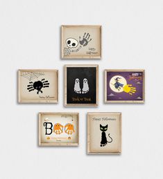 four framed halloween cards on a white background