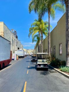 a street lined with parked cars and palm trees on both sides of the road,