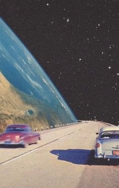 two cars are driving down the road in front of an earth - like area with mountains and stars