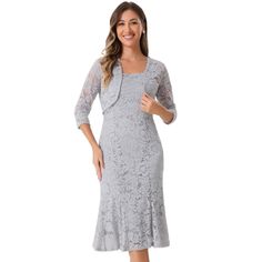 Crafted from soft and stretch lace fabric for a comfortable fit, breathable and lightweight fabric for daily wear. The elegant design of the sleeveless lace dress with a flattering bodycon silhouette, and three-quarter sleeves cardigan shrug can cover up your arm and keep you warm under an air-conditioner. Perfect for cocktail parties and evening events, graduation, bridesmaid, wedding guests, semi-formal, mother of the bride, or any special occasion. Wedding Midi Dress, Lace Jacket Dress, Jacket Dress Set, Stretch Lace Fabric, Lace Shrug, Lace A Line Dress, Sleeveless Lace Dress, Fishtail Dress, Skirt Suit Set