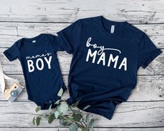 Mama's Boy Matching Shirts, Boy's Mama Matching Set, Mom and Son T-Shirt, Mother and Son T-Shirts, Mommy and Me, Mum and Me, Gift for Mom  P.S. PRICE IS FOR ONE ITEM ---  HOW TO ORDER T-SHIRT  --- 1) All the information you need is in the listing photos. Please review all product photos 2) Choose the size and color of your t-shirt from the drop down menus next to the image 3) Choose your design & text color (Please add your design and text color in the personalization box) 4) Choose the quantity Mother And Son Shirts Ideas, Blue Custom Print Top For Mother's Day, Mama And Son Shirts, Blue Cotton Family Matching T-shirt, Mommy And Son Matching Shirts, Blue Cotton Shirt With Name Print, Mom And Son Tshirt, Mother's Day Blue Crew Neck Shirt, Matching Boy Mom Shirt