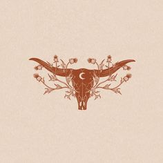 a bull skull with flowers and crescent moon on it's forehead is shown against a beige background