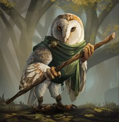 an owl is holding a stick and wearing a green scarf while standing in the woods