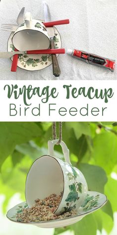 a bird feeder hanging from a tree branch with the words vintage teacup bird feeder on it