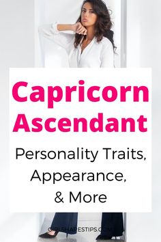 a woman standing in front of a sign that says capricorn ascendt