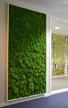 an office with green moss growing on the wall and in front of it is a large window