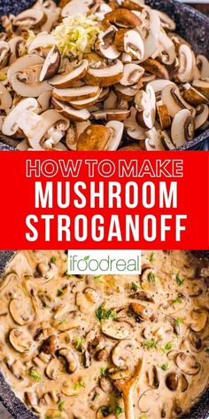 how to make mushroom stroganoff in a skillet with text overlay