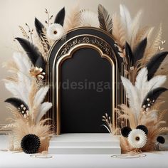 an ornate gold and black fireplace surround with white flowers, feathers and other decorative items