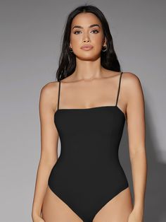 Solid Backless Cami Bodysuit Black Casual  Sleeveless Fabric Plain Cami High Stretch Summer Women Clothing, size features are:Bust: ,Length: ,Sleeve Length: Bodysuits For Women, Body Suits, Navy Blue Bodysuit, Casual Confortable, Navy Bodysuit, Tank Top Bodysuit, Cami Bodysuit, Pink Bodysuit, Shapewear Bodysuit