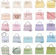 A Collage of Pastel Rainbow Hermes Bags — Collecting Luxury Hermes Colours, Hermes Kelly Pochette, Rainbow Collage, Pastel Bags, Hermes Constance Bag, Kelly Pochette, Mini Kelly, Stylish School Bags