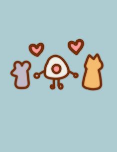 three different types of food on a blue background, with hearts and an egg in the middle