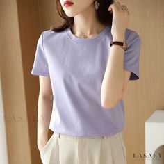 Lasaky - Luxury Combed Cotton Short Sleeve T-Shirt with Ammonia Support Fiber and Silk Finish Purple Solid Cotton Top, Purple Solid Color Cotton Top, Plain Purple Top For Spring, Purple Plain Short Sleeve Top, Lavender Crew Neck T-shirt For Summer, Lavender Crew Neck Basic Top, Basic Lavender Crew Neck Top, Lavender Casual Crew Neck Top, Lavender Short Sleeve T-shirt For Summer