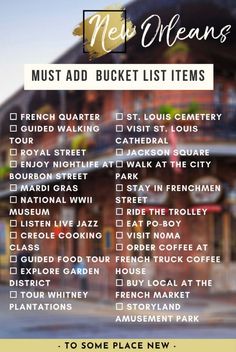 a menu with the words must add bucket list items on it in front of a building