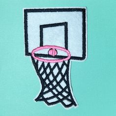 an embroidered basketball hoop with a pink ring on it's backgroung