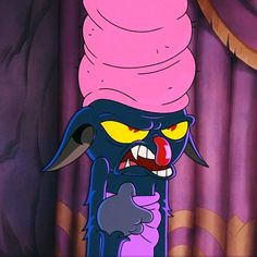 an evil looking cartoon character with a pink turban on top of his head