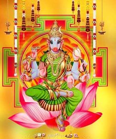 the god is sitting on top of a lotus in front of a yellow background with red and