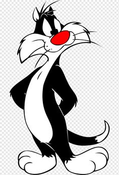 the cat in the hat cartoon character with red eyes and tail, black and white