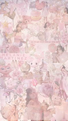 a collage of pink and white images with teddy bears, dolls, hearts, flowers, and other things