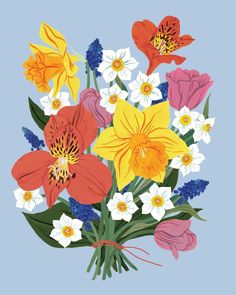 a bouquet of flowers on a blue background with white, yellow, and red flowers