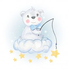 a drawing of a polar bear sitting on top of a cloud holding a fishing rod