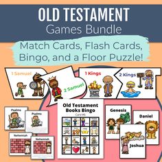 the old testament games bundle includes matching cards, flash cards, and a floor puzzle