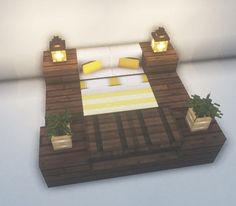 a bed made out of wood with two lamps on each side and some plants in the middle