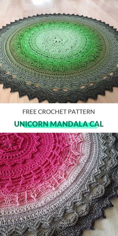 two circular crocheted rugs with the words free crochet pattern unicorn maniala