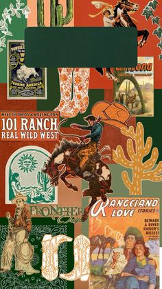 a collage of various images with the words wild west written in different font styles