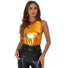 Your glittering personality will shine through in this breezy stretchy metallic flashing round-neck top. A finely smooth top is cut in a chic swing silhouette to make you shine on any occasion in this stylish tank top. It's a nice choice for different parties. Shimmering golden threads make this lightweight, fine-gauge top truly shine. Cut from soft semi-shiny stretch fabric, this lightweight tank top keeps you cool and makes you chic. Shiny Sleeveless Tank Top For Party, Metallic Tank Top For Party Season, Metallic Tank Top For Summer Party, Metallic Sleeveless Disco Tank Top, Shiny Sleeveless Top For Night Out, Sleeveless Shiny Top For Night Out, Shiny Tank Top For Party Season, Trendy Metallic Tank Top For Party, Glamorous Shiny Tank Top For Party