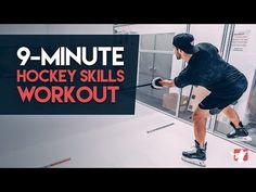 a man on a skateboard in front of a sign that says 9 minute hockey skills workout