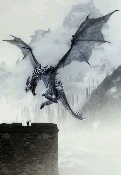 a dragon is flying over a castle in the sky with two people standing on it