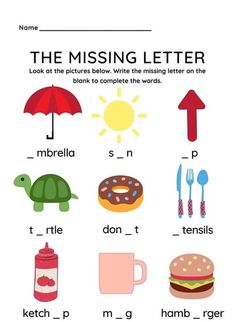 the missing letter worksheet with pictures and words to help kids learn how to read