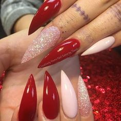 Instagram: @ kibluebaby Red Stiletto Nails, Long Red Nails, Nails With Glitter, Unghie Nail Art, Nails Stiletto, Modern Nails, Stiletto Nails Designs