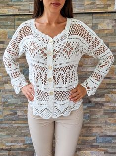 Handmade Beige Crochet Top, White Handmade Crochet Top, Cotton Crochet Lace Sweater For Fall, Long Sleeve Knit Cardigan With Crochet Lace, Handmade Long Sleeve Crochet Top, Bohemian Hand Knitted White Cardigan, Fall Cotton Sweater With Crochet Lace, Long Sleeve Crochet Lace Knit Cardigan, Bohemian Long Sleeve Crochet Lace Cardigan