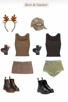 an assortment of clothing and accessories for deer and hunter