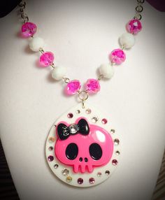 Large Pink Punk Skull with White Frame Necklace with multicolour rhinestones.The… Pink Skull Jewelry For Halloween, Draculaura Core, Pink Emo, Frame Necklace, Pink Punk, Punk Skull, Jirai Kei, Pink Beads, Pastel Goth