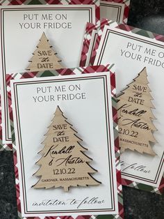 three wooden christmas trees with save the date on them