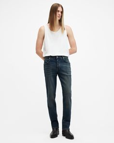 Your favorite skinny jeans, but better. Introducing the Sid – a familiar fit with refined detailing. Expertly crafted from an organic cotton blend fabric with a soft hand-feel and a little bit of stretch. They're a classic skinny fit with contemporary shaping in the waist and a workwear-inspired aesthetic. Complete with reinforced pockets and our embossed leather patch and washer. The Sid brings our signature attitude up to date with maximum comfort ensured.  In honor of our 30th anniversary, we Fitted Allsaints Bottoms For Spring, Allsaints Casual Fitted Bottoms, Inspired Aesthetic, Denim Collection, Going Out Outfits, 30th Anniversary, Sweater Sale, Sweaters And Jeans, Leather Patches