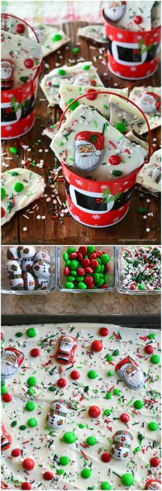 christmas desserts with white chocolate, candy and sprinkles