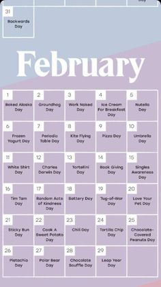 a purple and blue calendar with the words,'february'written in white on it