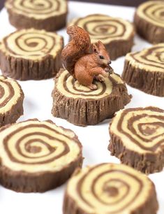 a pink rubber stamp sitting on top of wooden slices with a squirrel figurine next to it