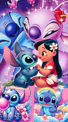 the characters from disney's animated movie, stitch and stitch are depicted in this poster